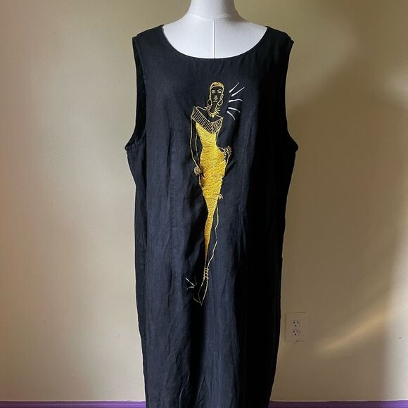 Vintage Mosato Linen Maxi Dress 3X Black Gold Embroidered Abstract Woman Art - Picture 2 of 9